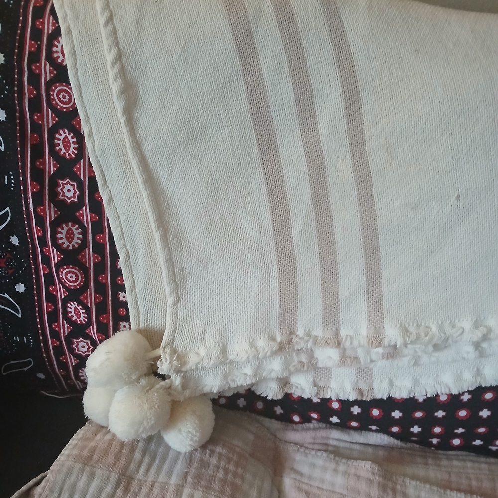 Cream Striped Pom-Pom Throw Blanket - Home Bedding